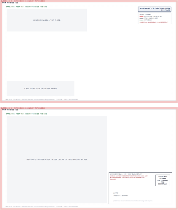 Front and address side of the EDDM 6.25x11 template with trim, bleed and mailing panel marked